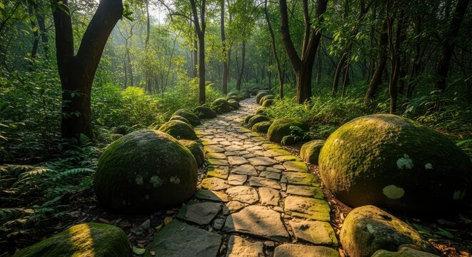 Ancient moss-covered bridge in enchanted forest glade