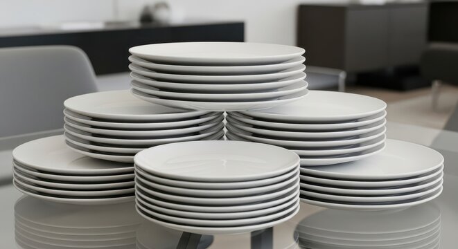 Stacked white plates arranged in a pyramid formation
