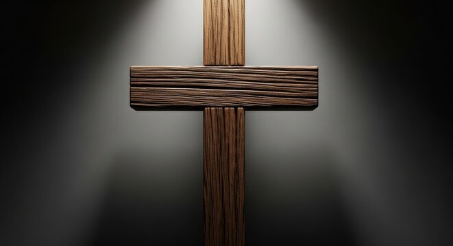 Elegant wooden cross illuminated against dark background