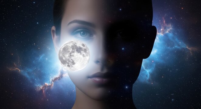 Cosmic reflection: moon within a starlit face