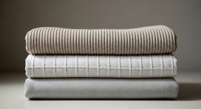 Stacked textured blankets in neutral tones