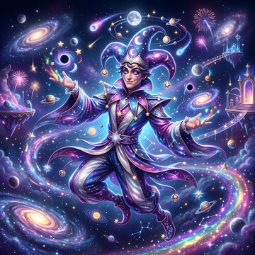 Whimsical Cosmic Jester Character with Celestial Trickster Energy