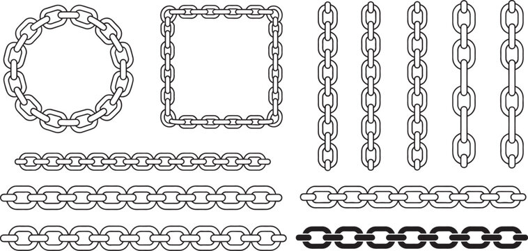 Chain link collection, vector illustration showcasing various metal chain designs including round links, geometric square links, straight-line chains, and interconnected patterns 