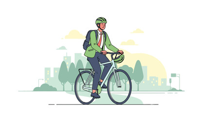 Fototapeta premium Man in Business Suit Riding Bicycle with Cityscape Background | Eco-Friendly Transport