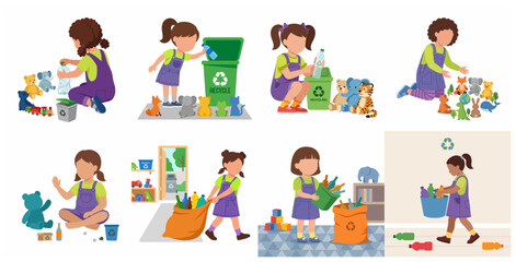 Fototapeta premium Kids recycling activities set, little girls sorting waste and plastic bottles for environmental education concept vector illustration.