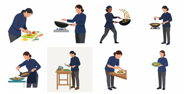 Set of Professional Female Chef Character Illustrations Performing Various Cooking Tasks in the Kitchen