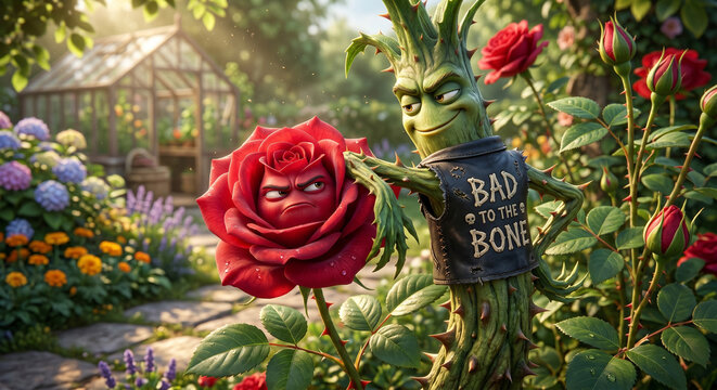 Smug anthropomorphic weed taunting a beautiful red rose while wearing a &ldquo;BAD TO THE BONE&rdquo; vest in a cinematic 3D garden scene