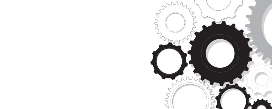 Abstract minimal black and white industrial gear corner background for engineering presentation and teamwork web banner