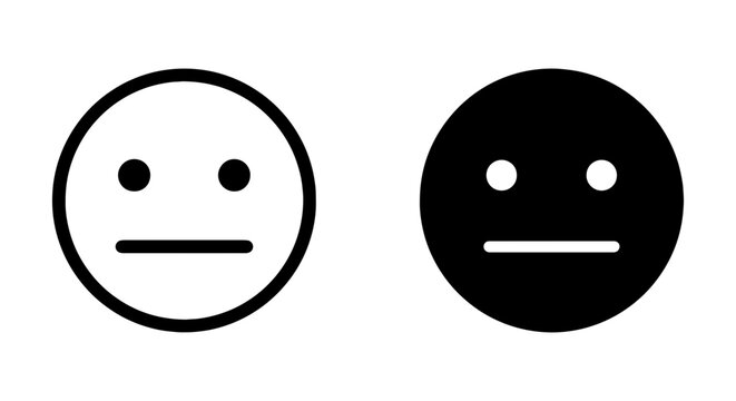 Neutral Emotion Icons, Emotionless Faces, Black and White Emoticon Symbols, Vector Art