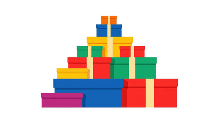 Fototapeta premium Colorful Stack of Gift Boxes in Pyramid Shape Isolated on White Background, Flat Vector Illustration for Christmas and Birthday Celebrations