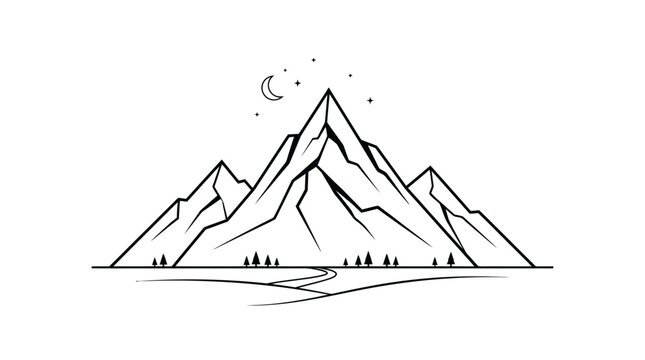 A serene mountain landscape at night with a winding road and trees under a starry sky with a crescent moon.