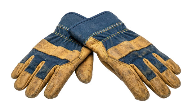 Pair of Worn Leather and Blue Fabric Work Gloves