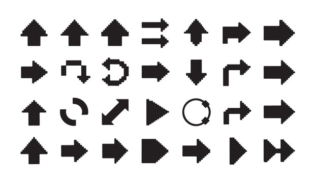 Retro pixelated cursor and navigation arrow vector icons for vintage computer ui and games.