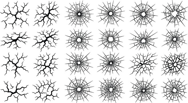 Broken Glass and Wall Crack Vector Icon Set with Bullet Hole Shattered Mirror and Surface Fracture Silhouettes for Damage Graphic Design Elements