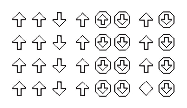 Collection of pixel art arrow icons in outlines and filled shapes for dashboard interfaces.