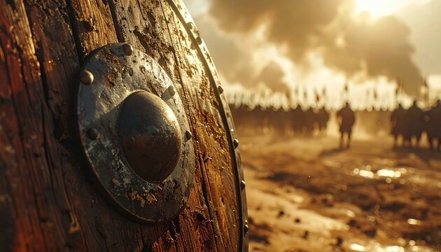 Close Up of Ancient Wooden Viking Shield with Metal Boss, Blurred Army Formation in Background at Golden Hour Sunset, Epic Battle Scene