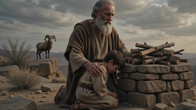 Dramatic biblical scene of Abraham comforting his young son Isaac near a stone altar prepared with firewood in a rocky desert landscape while a sacrificial ram stands nearby