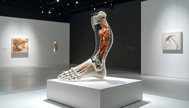 Futuristic prosthetic leg on display in modern gallery.