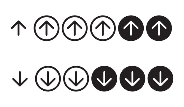 Arrow up and down button icon set in various styles for user interface navigation designs.