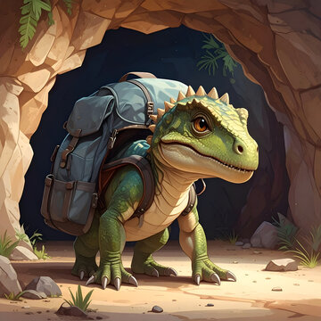 Dinosaur wearing heavy backpack standing at cave entrance