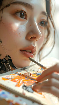 Cybernetic woman painting fine art with traditional brush.