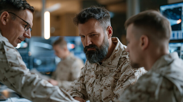 Military engineers analyze hypersonic glide vehicle trajectory models in a dimly lit command center filled with glowing tactical screens, senior analysts pointing at reentry arc