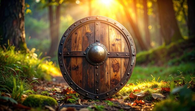 Ancient Wooden Viking Shield Resting on a Forest Path Amidst Fallen Leaves, Golden Sunlight Filtering Through Trees, Evoking History and Adventure, Copy Space