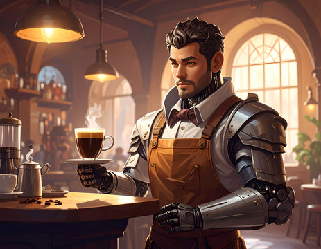 Cybernetic male bartender serving coffee in a classic pub.
