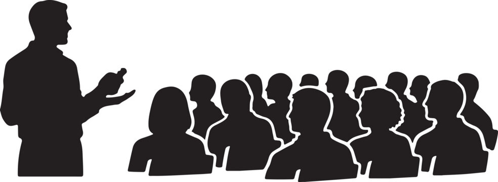 silhouette of a speaker holding a clicker addressing an audience seated in rows