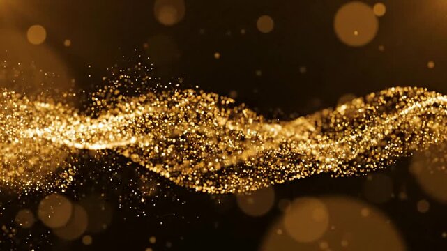 Golden glitter wave background, luxury abstract particle flow motion, glowing dust particles overlay for celebration and awards ceremony