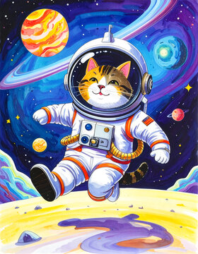 Cartoon cat astronaut floating in colorful cosmic space.