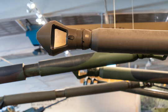 Large-caliber tank gun muzzle brakes close-up