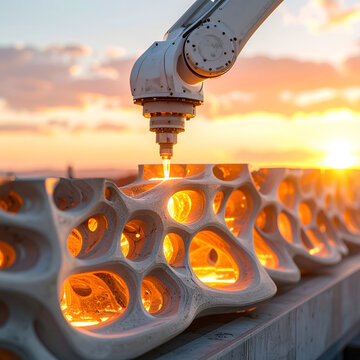 Close up of robotic 3D printer building concrete.