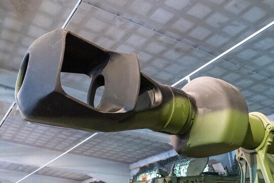 Large-caliber tank gun muzzle brake close-up