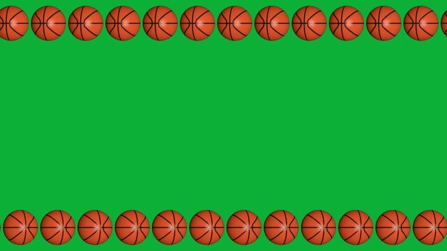 Animated basketball balls rolling in opposite directions creating a seamless border loop on green screen background