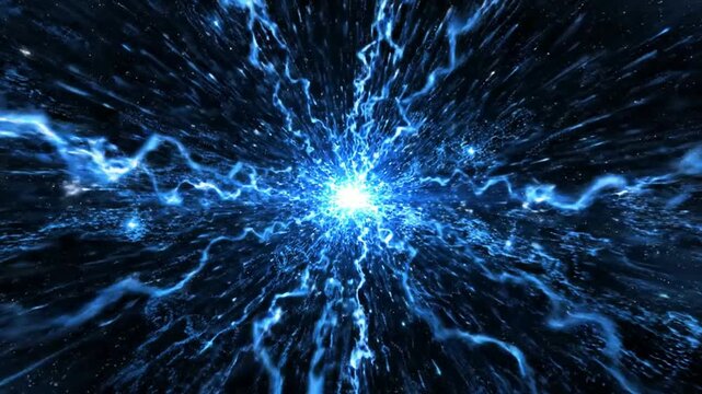 Blue energy warp speed tunnel abstract background, hyperspace travel effect, sci-fi cosmic light trails and electric lightning particles