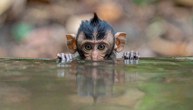 Young monkey peering over water surface in natural environment