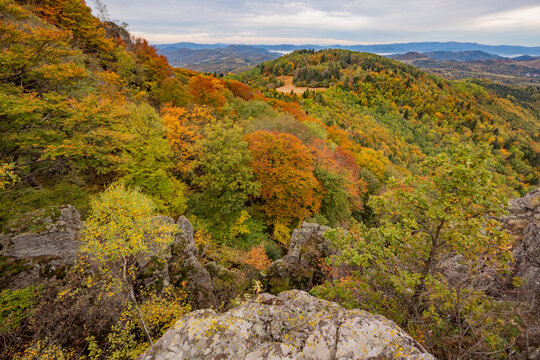 View of the vibrant autumn forest from Sitno in the Stiavnicke vrchy mountains with colorful foliage and rocky outcrops Ilija, Banska Bystrica Regio, Slovakia.