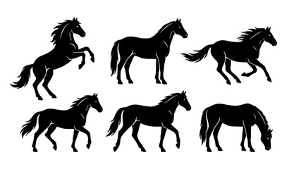 Black Mustang Horse Silhouette Collection Realistic Side View Western Stallion Vector Illustration Isolated on White Background © Md Humaun