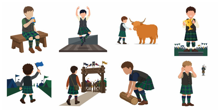 Scottish Boy in Traditional Kilt Participating in Highland Games Festival Illustration Set