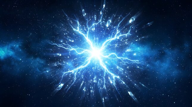 Abstract blue plasma energy explosion with bright white core, electric tendrils, and crystalline light fragments on dark cosmic background