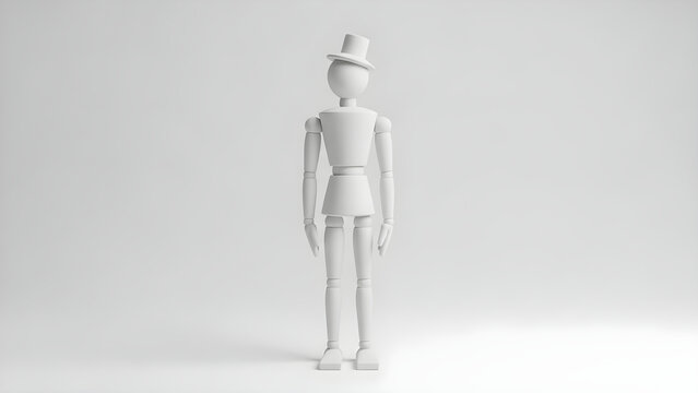 A white wooden mannequin wearing a top hat stands alone in a plain room.