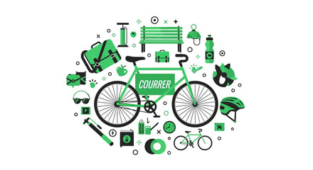 Obraz premium Eco-Friendly Bicycle Courier Delivery Service Vector Illustration - Green and Black Urban Cycling Icons for Sustainable Logistics and Transport Concept