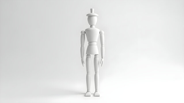 A white mannequin wearing a hat stands alone on a plain background indoors.