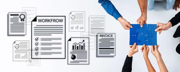 Obraz premium Collaborative Business Meeting with Workflow, Quotation, Invoice, and Document Review on a Table Surface with Diverse Hands Reaching for Solutions. Bitwise.