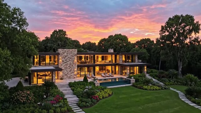 Luxurious modern mansion with infinity pool and meticulously landscaped gardens at sunset