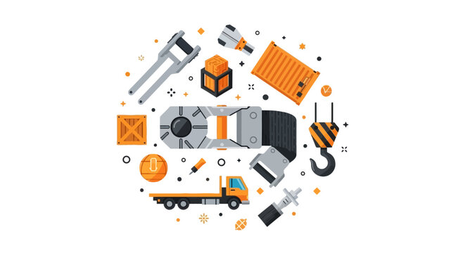 Logistics and Cargo Transportation Vector Icons Set Featuring Ratchet Strap, Flatbed Truck, Crane Hook, and Shipping Equipment in Flat Design Style