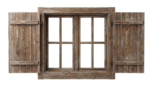 Weathered rustic wooden window frame with open shutters featuring detailed grain texture on white background
