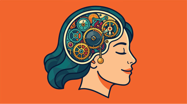 Woman with thinking brain gears.