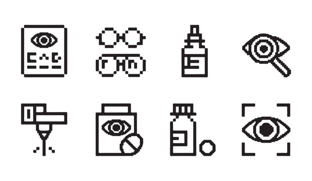 Pixel art ophthalmology icons, a vision chart, glasses, eye drop bottle, and scanner.